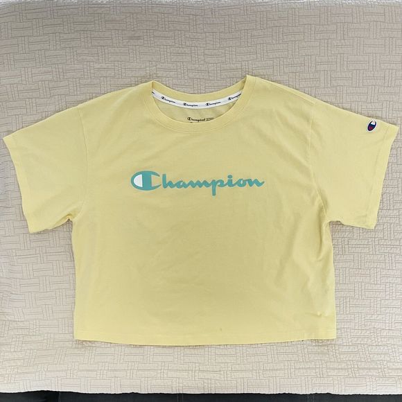 Champion Cropped Tshirt Oversized M L Top Bundle Short Sleeves Knit Yellow Aqua - Picture 2 of 16